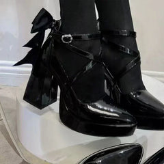 Bow High Heels Mary Jane Shoes Pointed Toe Shoes Platform Sandals Lolita Party Pumps Chunky Zapatos Woman