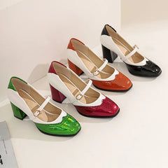 Green Orange Black Patent Leather Fretwork Pumps Sweet Shallow Mary Janes Shoes High Heels Footwear Size 48