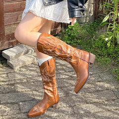 Vintage Western Cowboy Boots Slip On Thick Heel Shoes Embroidery Knight Botas