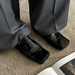 Black Patent Leather Square Toe Loafers Retro Casual Flat Slip on Shoes High Quality Comfortable Shoes