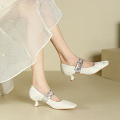 High Heels Silk Square Toe Elegant Comfort Belt Buckle Low Heel Shoes