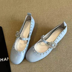 Retro Rhinestone Buckle Ballet Flas Hollow Comfort Shallow Soft Sole Round Toe Mary Jane Shoes