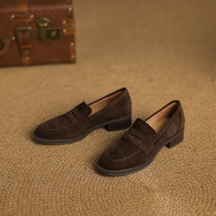 Kid Suede Penny Loafers Handmade Leisure Slip-on Creeper Flats Brown Size 34-43