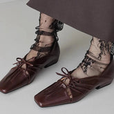 Pleated Hollow Mary Jane Style Shoes with Bow Design Flat Shoes Square Toe Casual Comfortable Outdoors Shoes Fashion