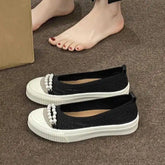 Shallow Mouth Round Head Single Shoes Woven Pearl Bow Thick Soled Low Comfort Loafer Shoe
