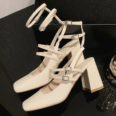 genuine leather ankle strap sandals square toe 8cm thick high heel pumps elegant