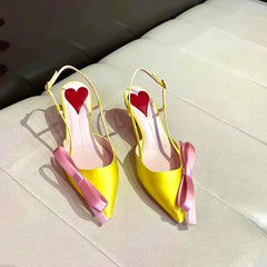 Yellow Pointed Toe Bowknot Satin Cat Heel Sandals Woman Heart Color Matching Buckle Strap Closed High Heel Shoes
