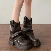 Knee High Boots Western Round Toe Long Boots Western Shoes Chunky Heel Platform