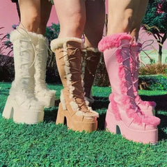Snow Boots Platform Wedge High Heel Faux Fur Lady Shoes Plush Warm Non-slip Mid Calf Boots Goth Shoes