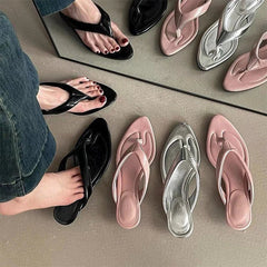 Flip Flops Pointed Toe Slippers Beach Shoes High Heels Shoes Clip Toe Casual Slides Mujer