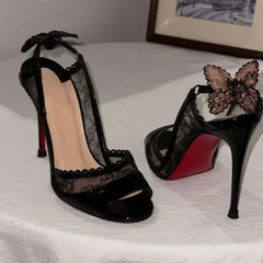 Cutout Lace Bowknot Peep Toe Slingback Sandals Thin High Heels Black Patent Leather Party Wedding Shoes