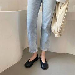 Retro Round Toe Loafers Solid Leather Flats Shallow V-Open Boat Mocasines Femmes Comfy Slip On Daily Walking Shoes Ladies