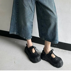 Street Explosion 5CM Mary Jane Sandals Wave Thick Bottom Lace Hollow Big Head Bread Shoes