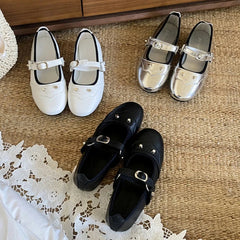 Rivet Decoration Mary Jane Shoes Retro Square Toe Comfort Soft Sole Ballet Flats Belt Buckle Shallow Shoe