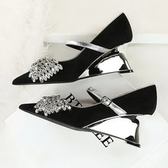 Rhinestone Design Wedge Shoes Shallow Elegant Pointed Toe Pumps Diamond Butterfly-knot High Heels Zapatos De Mujer