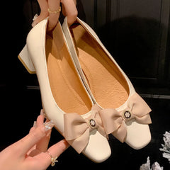 genuine leather square toe slip-on pumps korean style sweet bowtie elegant 4.5cm thick med heel shoes