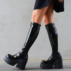 Platform Chunky High Heeled Knee High Boots Cool Round Toe Cute Sweet Heeled Boots Gothic Uniform