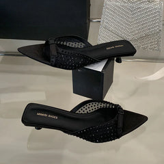 Pointed Toe Footwear Heeled Slippers Slides Shoes Rhinestones Low Heel Sandals Shoes