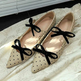 Cute Bow Double Buckle Low Heel Pumps Polka Dot Pointed Toe Shoes Comfort Soft Sole Commuter Office Shoes