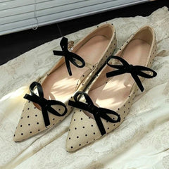 Cute Bow Double Buckle Low Heel Pumps Polka Dot Pointed Toe Shoes Comfort Soft Sole Commuter Office Shoes