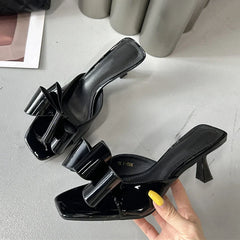 Patent Leather Butterfly Knot Slippers Square Toe Low Thin Heels Mules Slides Shoes Size 39