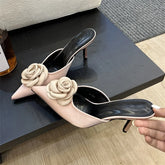Flower Pointed Toe Shallow Thin High Heels Shoes Slide Mule Slippers