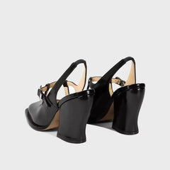 Black Patent Leather Mary Janes Slingbacks Wave Toe Chunky High Heels Office Lady Daily Shoes