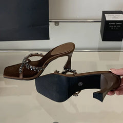 Street Style CRYSTAL Narrow Band Slippers Woman Open Toe Thin High Heels Sandals Stripper Party Slides Shoes