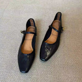 Mary Jane Shoes Retro Square Toe Flat Heel Strap Genuine Leather Soft Shallow Single Shoes