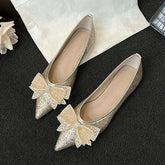 Gold/Silver Bowknot Flats Sparkle Crystal Shoes Elegant Lace Bow Pointed Toe Ballets Moccasins