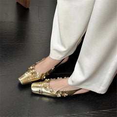 Genuine Leather Pumps FLowers Decoration Party Wedding Shoes Woman Slingbacks Pumps