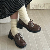 College Style Platform Loafers Shoes Shallow Slip On Shoes Elegant Thick Heel Leather Shoes