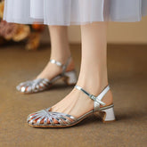 Split Leather Round Toe Chunky Heel Shoes Narrow Band Shoes