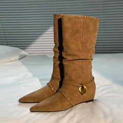 Mid Calf Boots Pointed Toe Flats Shoes Chelsea Boots Casual Walking Suede Zapatos Goth Mujer Botas