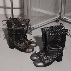 Vintage Pleated Mid-Calf Boots Cross-tied Square Toe Mid Heels Leather Novelty Concise Shoes