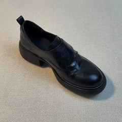 Round Toe Chunky Heels Loafers Casual Elegant Leather Slip On Mid Heels Shoes