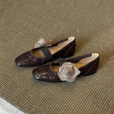 Brown Leather Mary Jane Flats Square Toe Elastic Strap Flower Decoration Stylish Footwear
