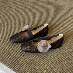 Brown Leather Mary Jane Flats Square Toe Elastic Strap Flower Decoration Stylish Footwear