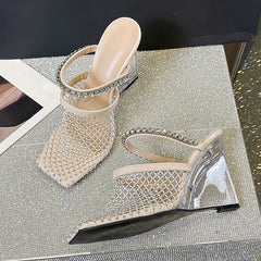 Sandals Rhinestone Mesh High Heels Footwear Elegant Square Toe Transparent Wedges Slippers