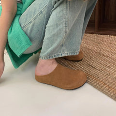 Low Slippers Soft Flock Cover Toe Loafers Slides Platform Comfort Fabric Hoof Heels Rubber PU Rome Shoes Ladie