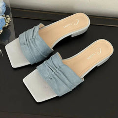 Square Toe Slippers Low Heel Casual Slides Comfort Non-slip Sandals Flats Beach Shoes