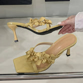 Yellow Silk Flowers Narrow Band Square Toe Mules Low Thin Heels Slippers Gladiator Sandals Shoes