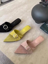 Shoes Woman Pointed Toe Slippers Rivet Slides On A Wedge Low Flock Rome Hoof Heels Fabric Rubber Fas