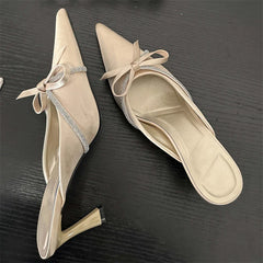 Crystal Butterfly-knot Woman Pumps Design Style Low Heels Pointed Toe Shallow Shoes Slides Mules Slippers