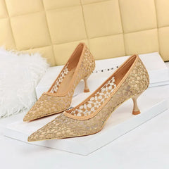 Shoes Banquet Shoes Fine Heel High Heel Pointed -headed Mesh Hollow Lace Shoes