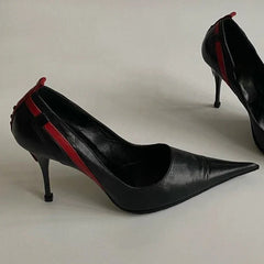 Pointed Toe Stiletto Rivet Decoration Shoes Black and Red Rome Shoes Slip-on Hand-made