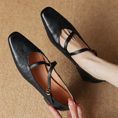 genuine leather square toe slip-on pumps 4cm thick low heel OL style elegant narrow band cross strap slim shoes