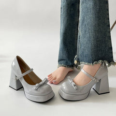 Platform Thick Heel Mary Jane Shoes Square Toe Shoes Elegant Height Increase