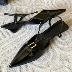 Square Buckle Strap Sandals Elegant Thin Low Heels Pointed Toe Slingback Shoes