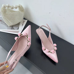 Pink High Heels Pointed Toe Slingback Shoes Small Flower Low Heel Office Shoes Black Pumps White Talons Femme